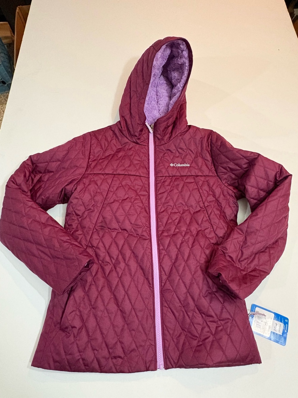 NWT Columbia Girls' Bella Marionberry Quilted Hooded Puffer Light Purple Lining